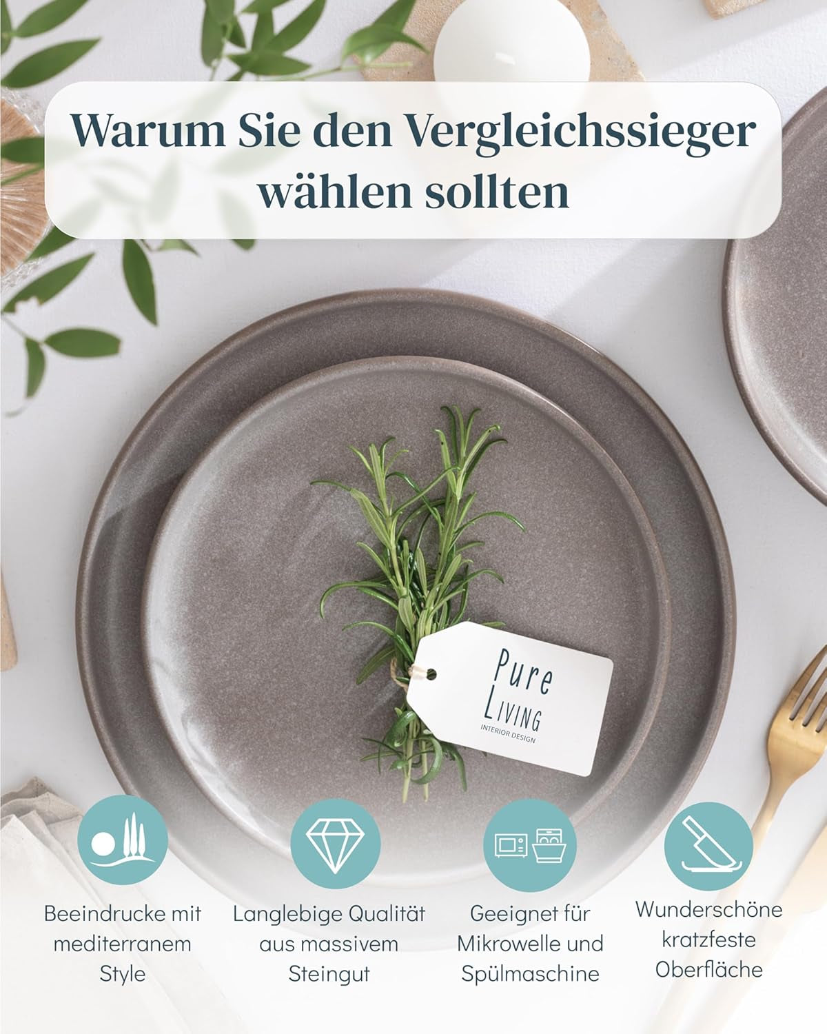 Steinzeug-Geschirrset für 12 Personen, 36-teilig, urbaner Stil, hohe Qualität, SEHR GUTER TEST, Steinzeug-Geschirrset – Schüssel- und Teller-Set – Tafelservice für 12 Personen, Pure Living-Geschirrsets in mattem Graubraun