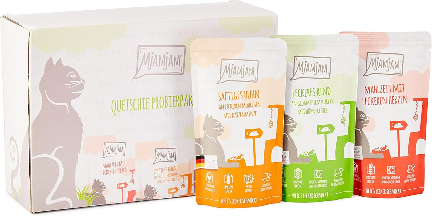 MjAMjAM – Premium-Nassfutter für Katzen – Mischpackung I – Huhn, Rind, Herzen, 12er-Pack (12 x 125 g), getreidefrei mit extra Fleisch