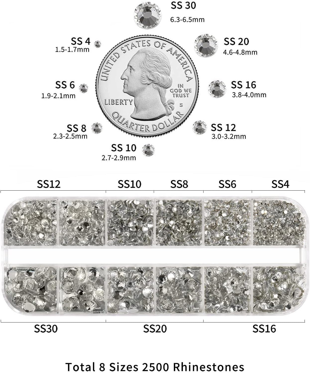Beadsland 2500 Stück Glas Nailart Strasssteine ​​​​Kristall Flatback Edelsteine ​​​​Runde, ​​Für Handwerk Gemischt 8 Größen SS4 ~ SS30 Mit Picking Pinzette Und Stift (Kristall Weiß)