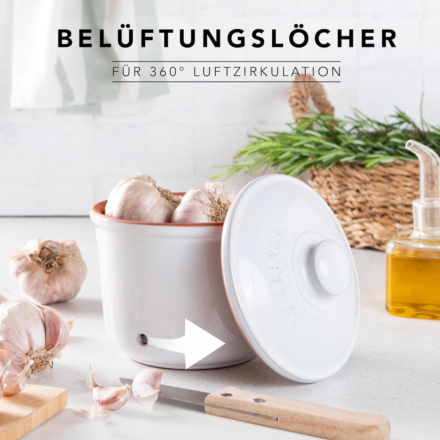 Römertopf Fresh Pot MINI 0,6 Liter – Knoblauchtopf aus Keramik – Atmungsaktiver Ton hält Gemüse länger frisch – Ideale Luftzirkulation – Weiße Frischhaltedosen Naty Shop