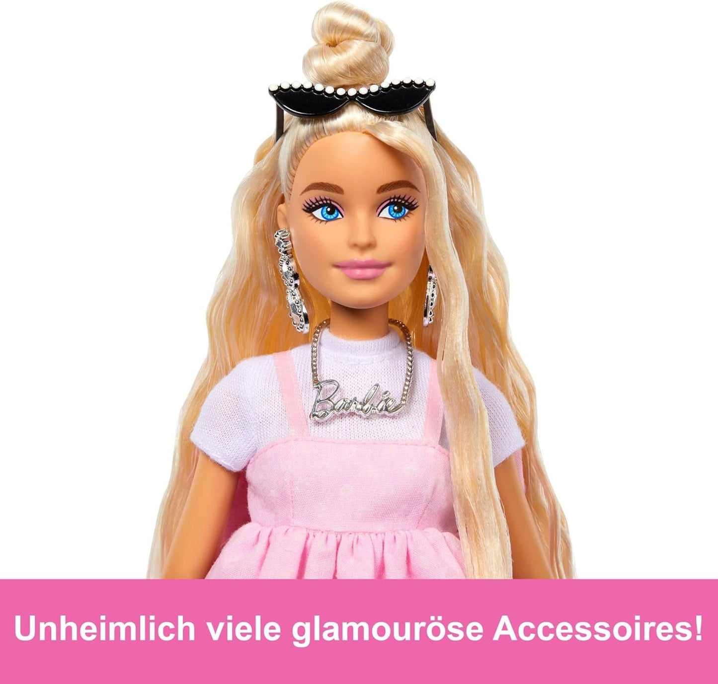 Barbie-Puppe Deluxe Style-Nr. 3 mit Barbiecore-Outfit, blonden Haaren in einem hohen Dutt, pastellrosa Kleid mit übergroßer Schleife und Accessoires wie Netzstrumpfhosen, HYV27 Naty Shop Dolls