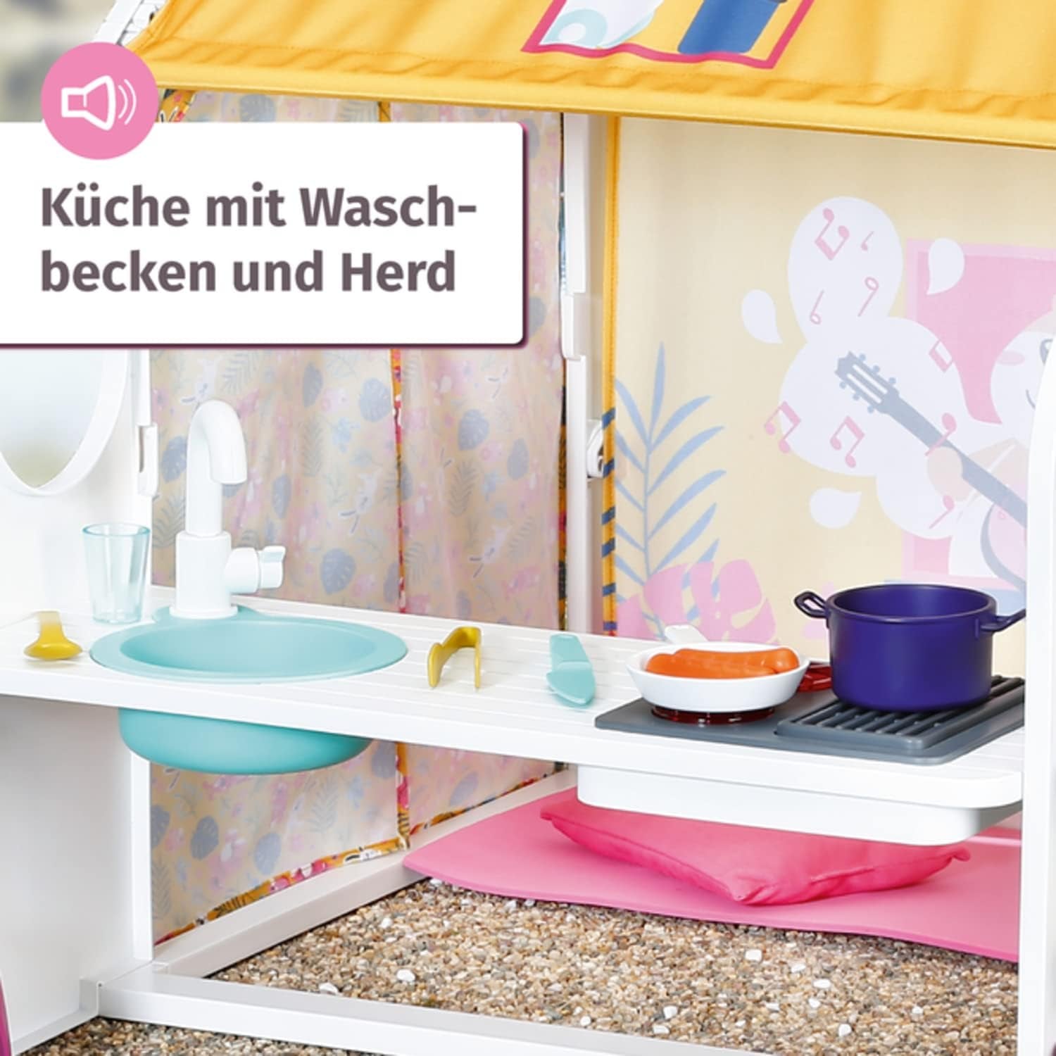 BABY born Puppenhaus, Wochenendhaus mit Licht- und Soundfunktion, aufklappbaren Seitenwänden, Spüle, Grill und viel Zubehör, 832752, Zapf Creation