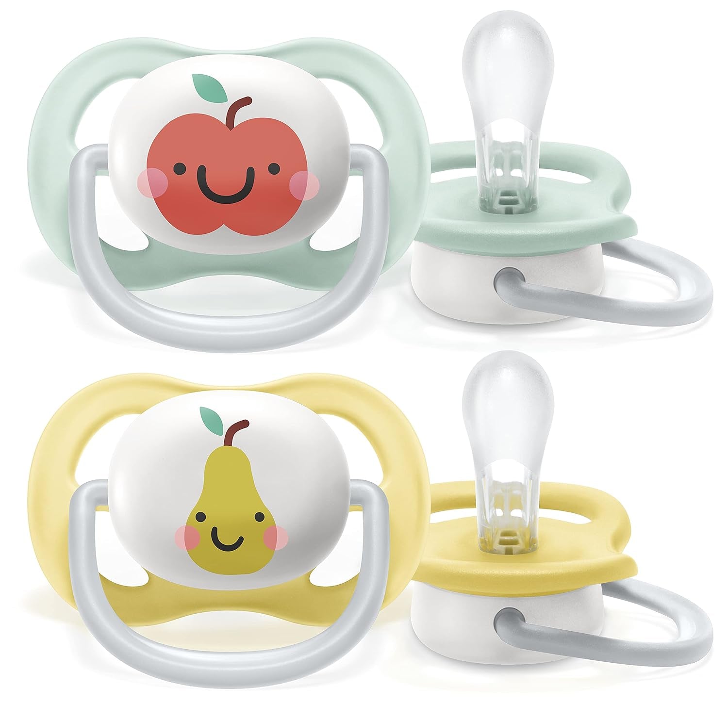Philips AVENT Ultra-Luftschnuller – 2er-Pack, BPA-frei, atmungsaktiv, für Babys 0–6 Monate, inklusive Tragetasche und Sterilisation, Apfel/Birne (Modell SCF080/17)