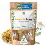 ORIGEENS Bio-Kamillenblütentee aus Europa, 100 g | Loser Blatttee, Bio-Tee für Schlaf und Verdauung | Deutsche Kamille | Zertifiziert und verpackt in Deutschland