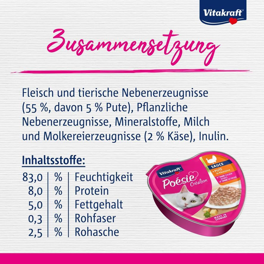 Vitakraft Poésie Création, Nassfutter für Katzen, Nassfutter für Katzen in Soße, mit Truthahn in Käsesoße, Multipack, ohne Zusatz von Zucker oder Getreide (15 x 85 g)