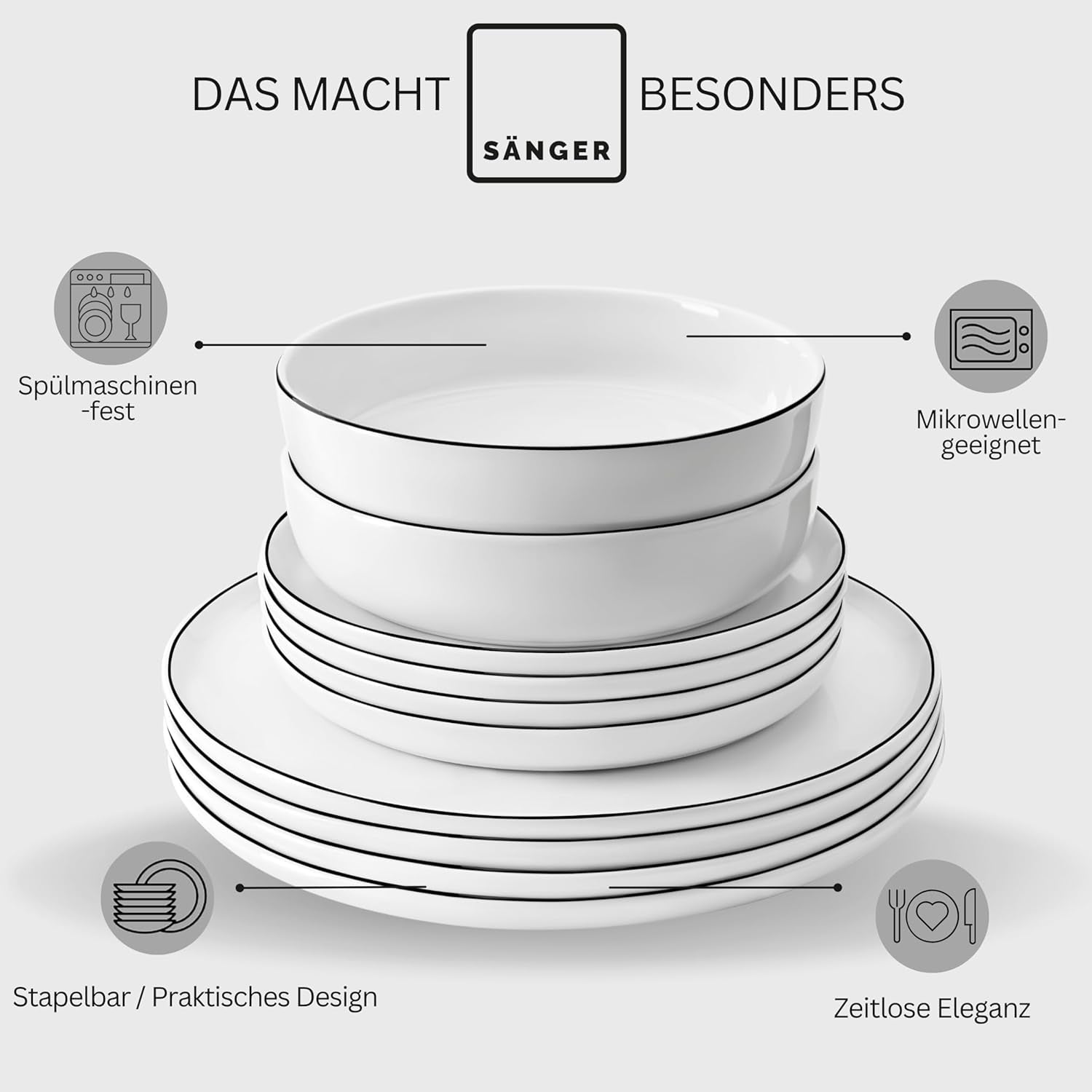 SANGER | Marlo Geschirrset mit schwarzem und weißem Rand, 18-teiliges Porzellangeschirrset für 6 Personen, Weiß mit schwarzen Akzenten, Speiseteller, Dessertteller und Schüsseln, modernes Design | DIE PREMIUM-KOLLEKTION
