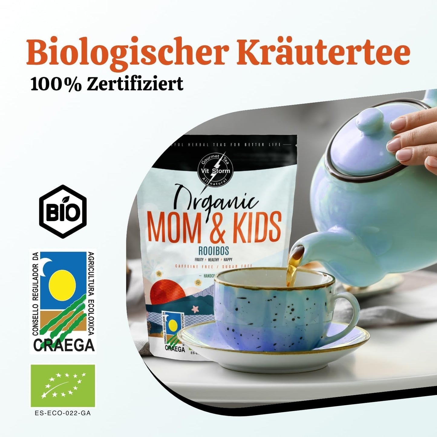 VITSTORM® BIO TEE Mom & Kids – Tee für Frauen und Stillende – Rooibos, Apfel, Fenchel, Zitronenmelisse, Alchemilla, Erdbeere – Entspannender Tee – Fruchtig und lecker – Koffeinfrei – Kräutertee 100 g