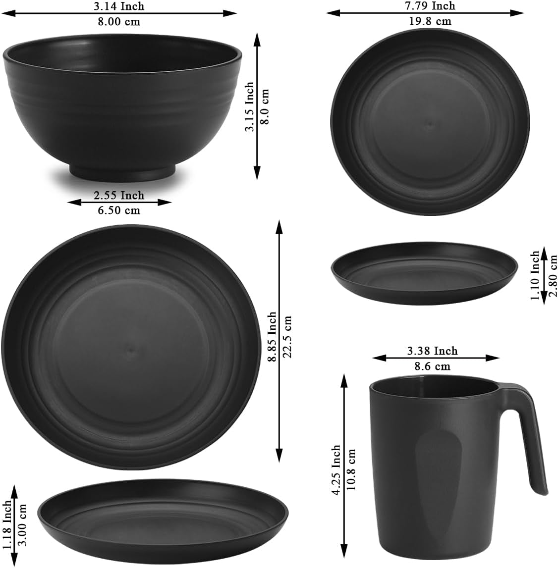 Berglander 24-teiliges Geschirrset aus schwarzem Kunststoff für 6 wiederverwendbare Teller und Schüsseln, einschließlich Speiseteller, Dessertteller, Müslischalen und Tassen für Zuhause, Garten und Picknicks
