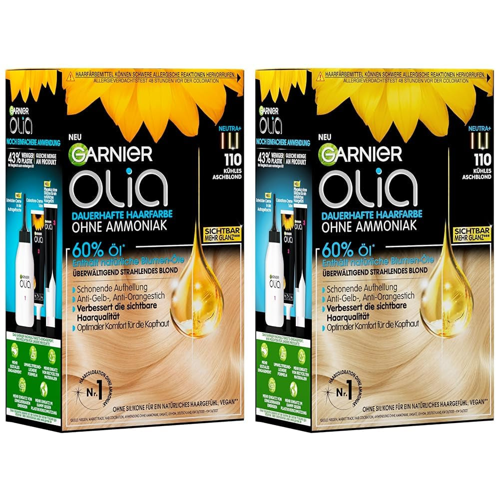 Garnier Olia 110 kühles Aschblond, ammoniakfreie permanente Farbe mit nährenden natürlichen Ölen, vollständige Abdeckung für graues Haar, permanente Farbe, 1 Stück (2 Packungen), Naty Shop Haarfarbe Standardtitel