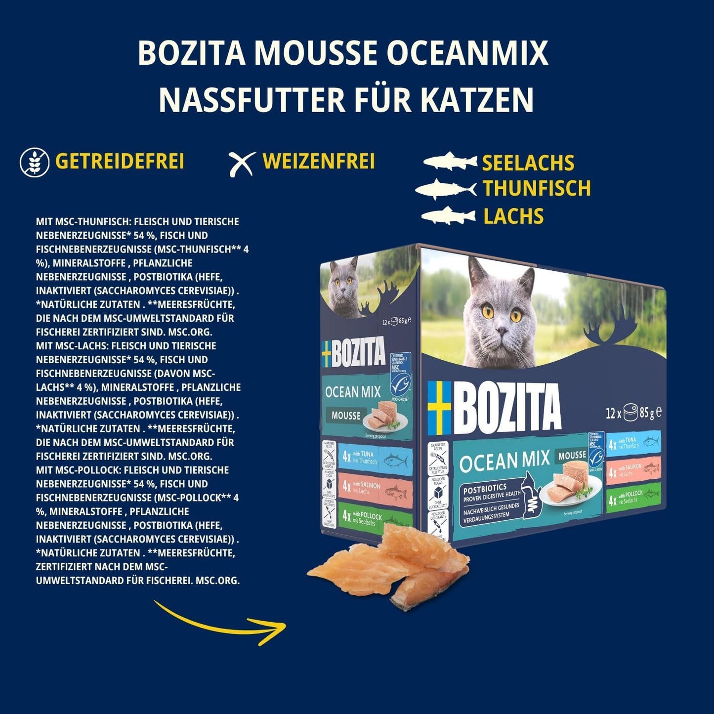 Bozita Mousse Ocean Mix – 12 x 85 g Nassfutter für Katzen mit Thunfisch, Lachs oder gelbem Kabeljau – getreidefrei, zuckerfrei und künstliche Farbstoffe – mit Postbiotika für eine gesunde Darmflora