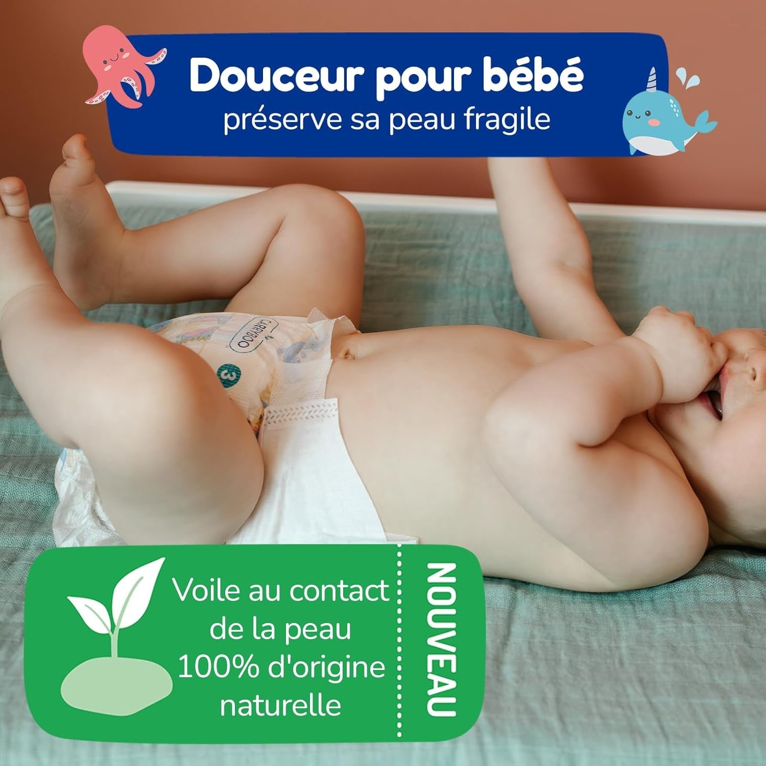 - Windelgröße 4+ 9-20 kg – Ökologische Babywaidern – natürliche Babypflege, hypoallergen, ohne Parfüm und auslaufsicher – Hermestellung in Frankreich – 126 Wegwerfwindeln – 1 Monat