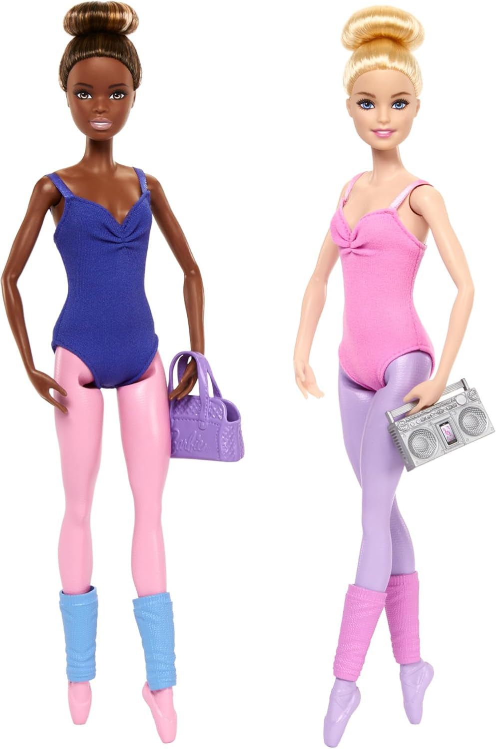 Barbie Ballettstudio Set mit 2 Puppen und 9 Zubehörteilen, blonde und brünette Ballerina-Modepuppen mit aussietzem Outfit und zum Tanzmotto passenden Teilen, HXC37, [Mehrfarbig]