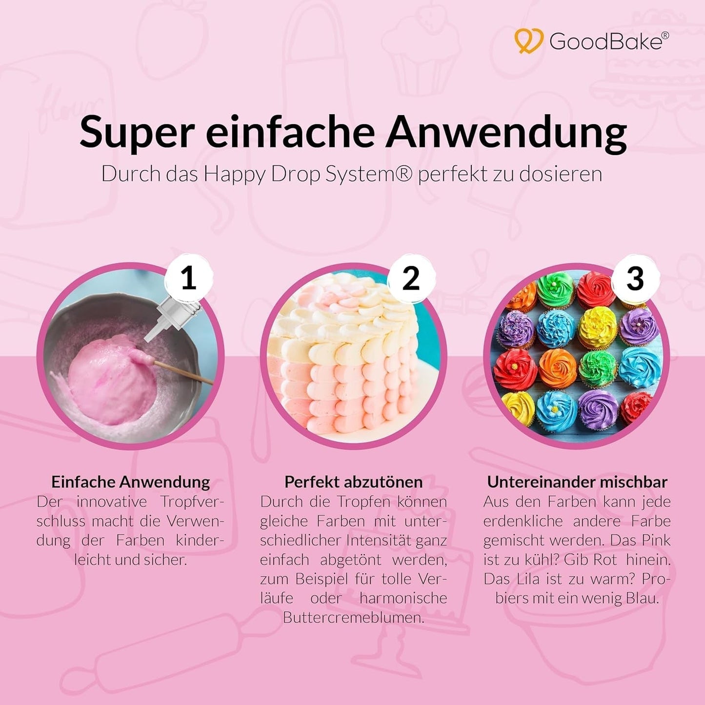 Pinke Lebensmittelfarbe von Goodbake (11 ml) – Intensive Lebensmittelfarbe – Sehr konzentrierte Farbe – Zum Färben von Kuchen, Fondant, Buttercreme, Getränken, Schleim und vielen anderen Gegenständen. 100 % vegan