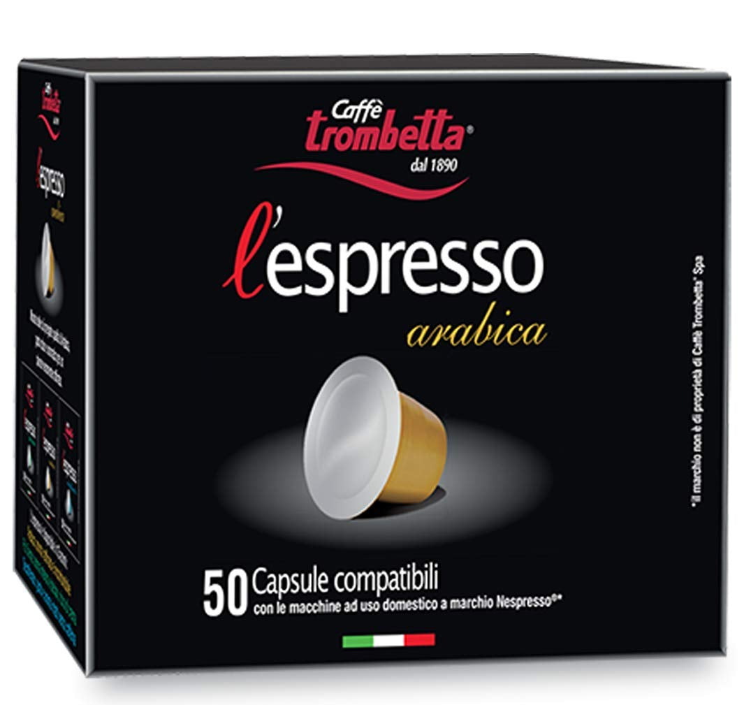 Caffè TROMBETTA L'Espresso, Italienischer Kaffee Nespresso kompatible Kapseln. Aus 100% Arabica mit einem vollmundigen und körperreichen - 50 Kapseln, 50 Stück (1er Pack)