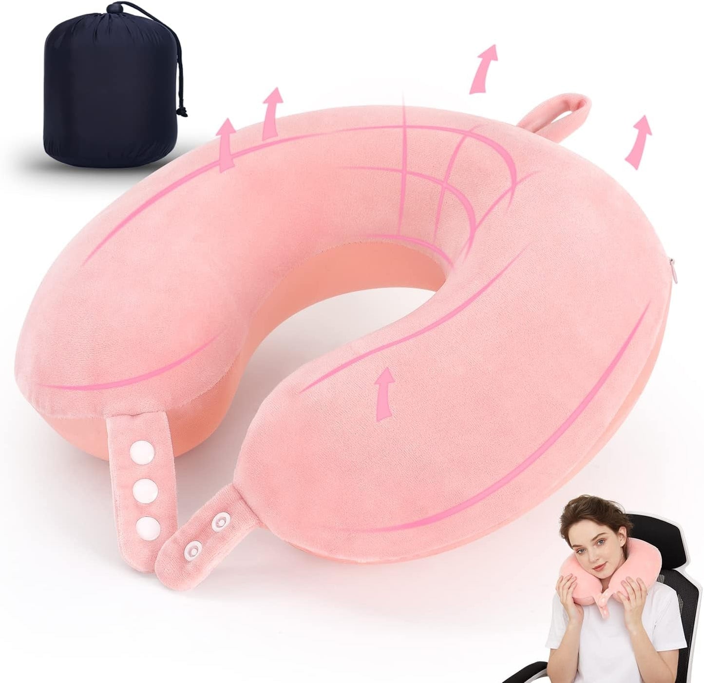 TALLGO Reise-Nackenkissen, das beste Memory-Schaum-Flugzeugkissen für die Kopfstütze, verstellbares weiches Kissen für Flugzeug, Auto und Zuhause, rosa orthopädische Nackenkissen Naty Shop Pink Standard