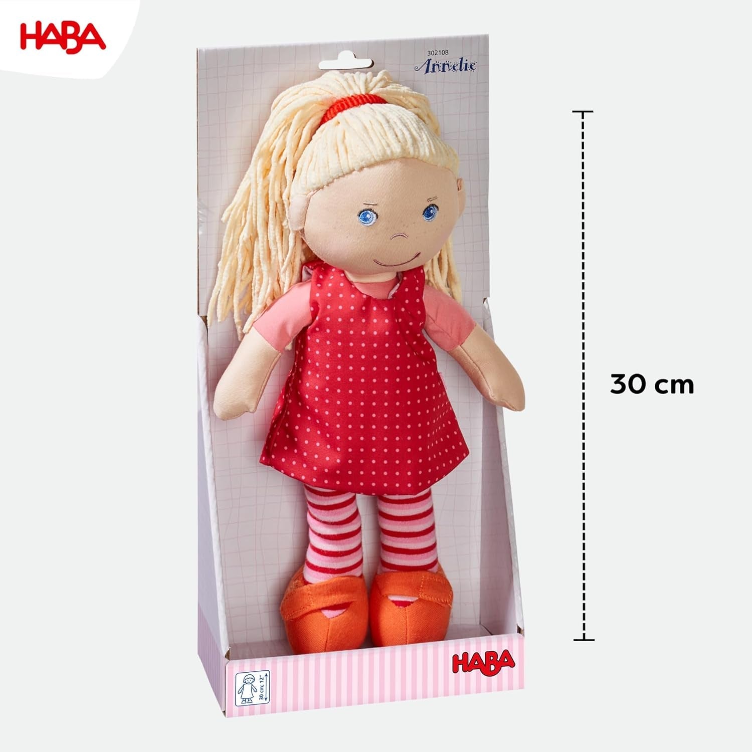 Kuschelpuppe HABA Annelie – Kuschelpuppe mit frisierten Haaren – Mit austauschbarer Kleidung – Ab 18 Monaten – 30 cm – Waschbar – 1302108001
