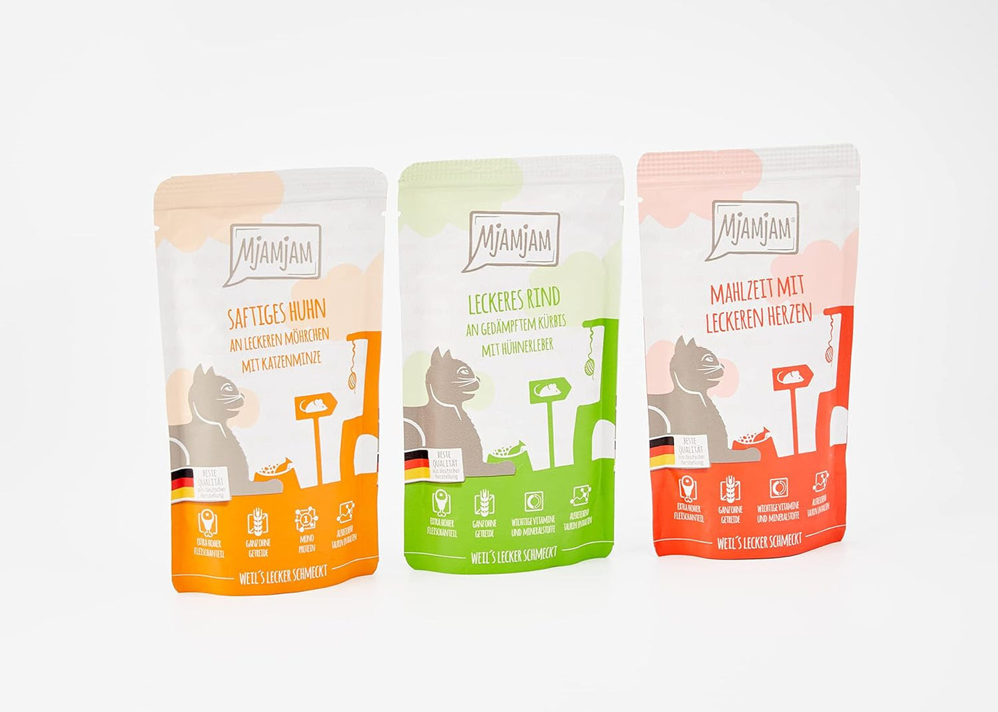 MjAMjAM – Premium-Nassfutter für Katzen – Mischpackung I – Huhn, Rind, Herzen, 12er-Pack (12 x 125 g), getreidefrei mit extra Fleisch