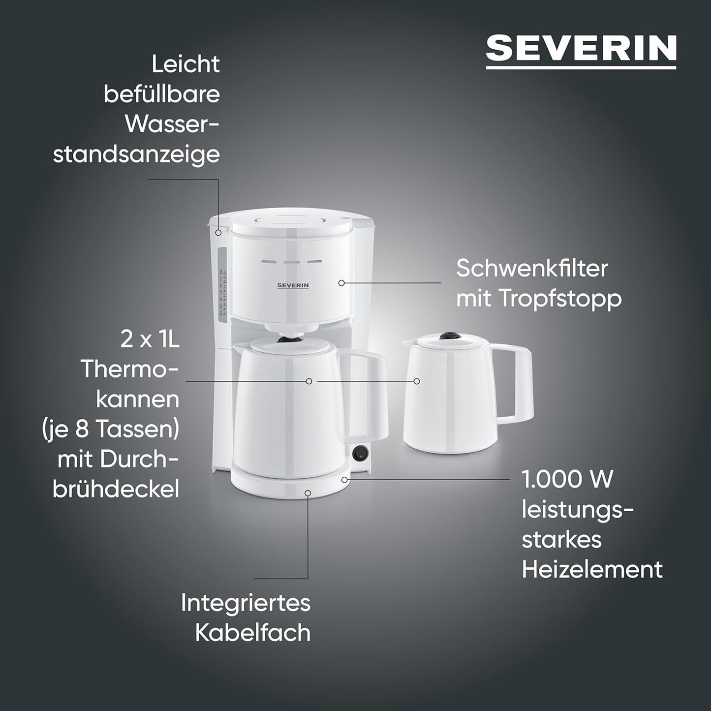Severin Espressomaschine mit Filter und 2 Thermokannen, Espressomaschine mit Deckel, tropffreies Ausgießen, lange Temperaturhaltung, automatische Abschaltung, 1000 W, ca. 1 Liter, weiß, KA 9309
