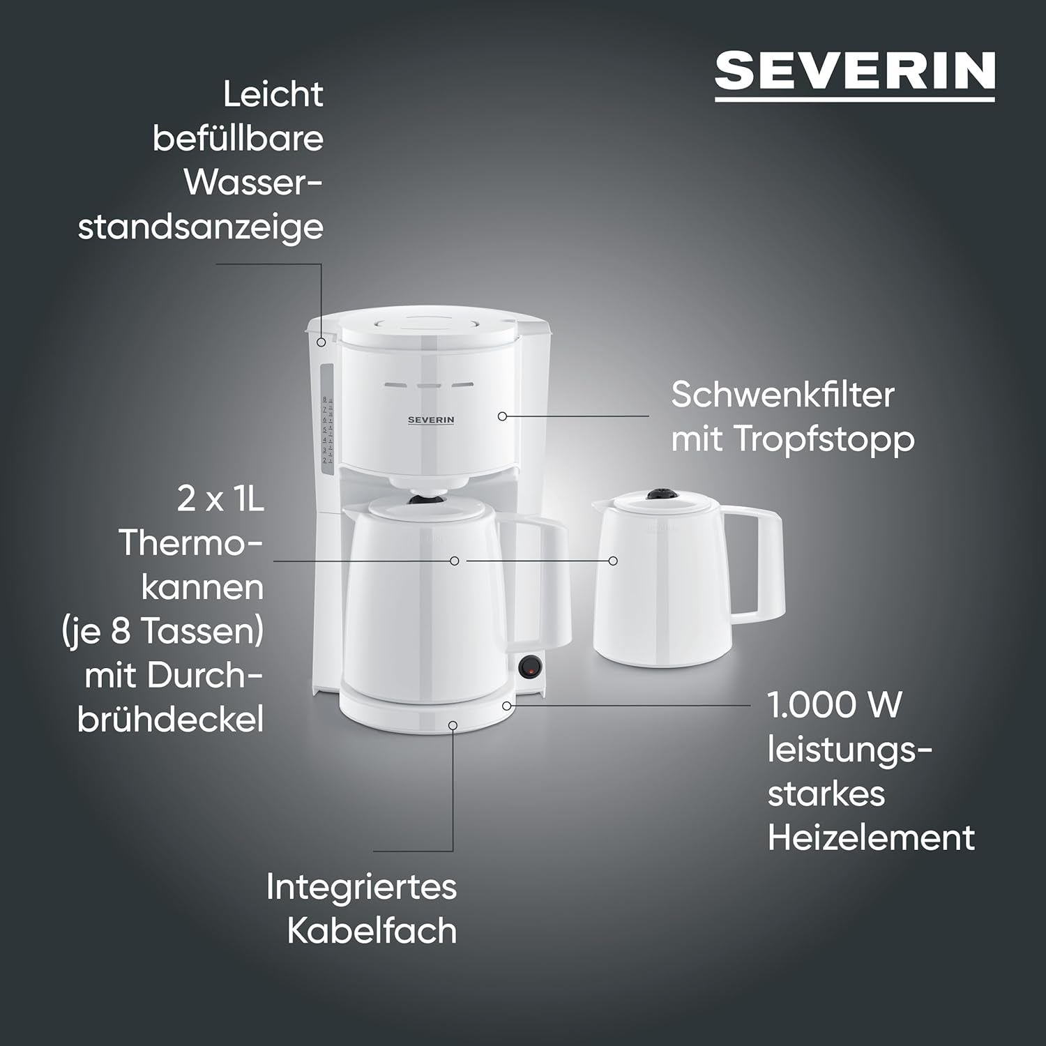 Severin Espressomaschine mit Filter und 2 Thermokannen, Espressomaschine mit Deckel, tropffreies Ausgießen, lange Temperaturhaltung, automatische Abschaltung, 1000 W, ca. 1 Liter, weiß, KA 9309