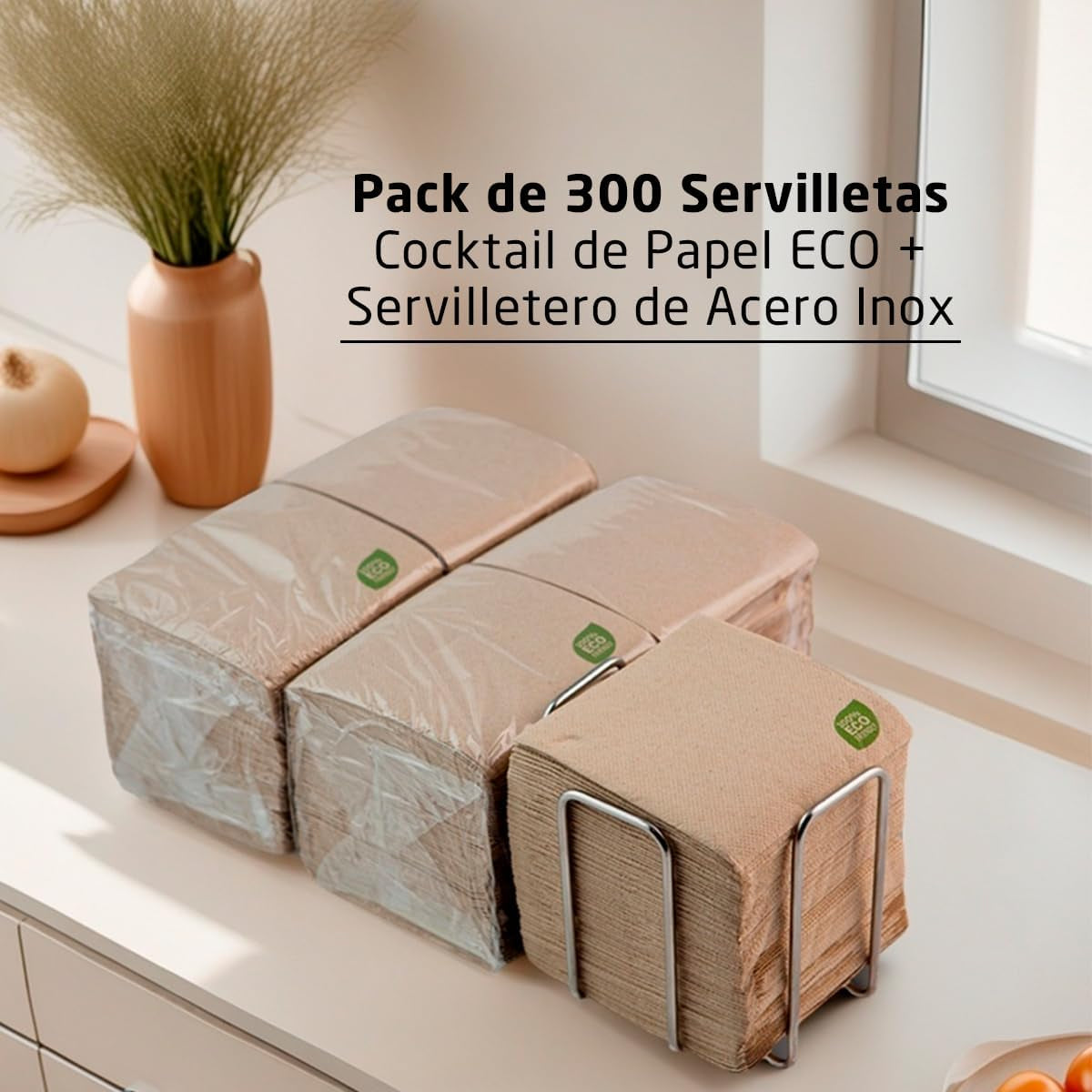 300er-Pack Cocktail-Papierservietten, 100 % recycelbar und biologisch abbaubar, Serviettenhalter aus Edelstahl, umweltfreundliche Servietten, 10 x 10 cm, gefaltet.