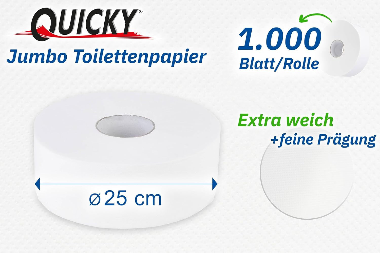 Quicky Jumbo 2-lagiges Toilettenpapier, 25 cm Ø, hochweiß, geprägt mit feinen Punkten, 6 Rollen – saugfähig und reißfest für maximale Hygiene, ideal für öffentliche Einrichtungen und Industrie