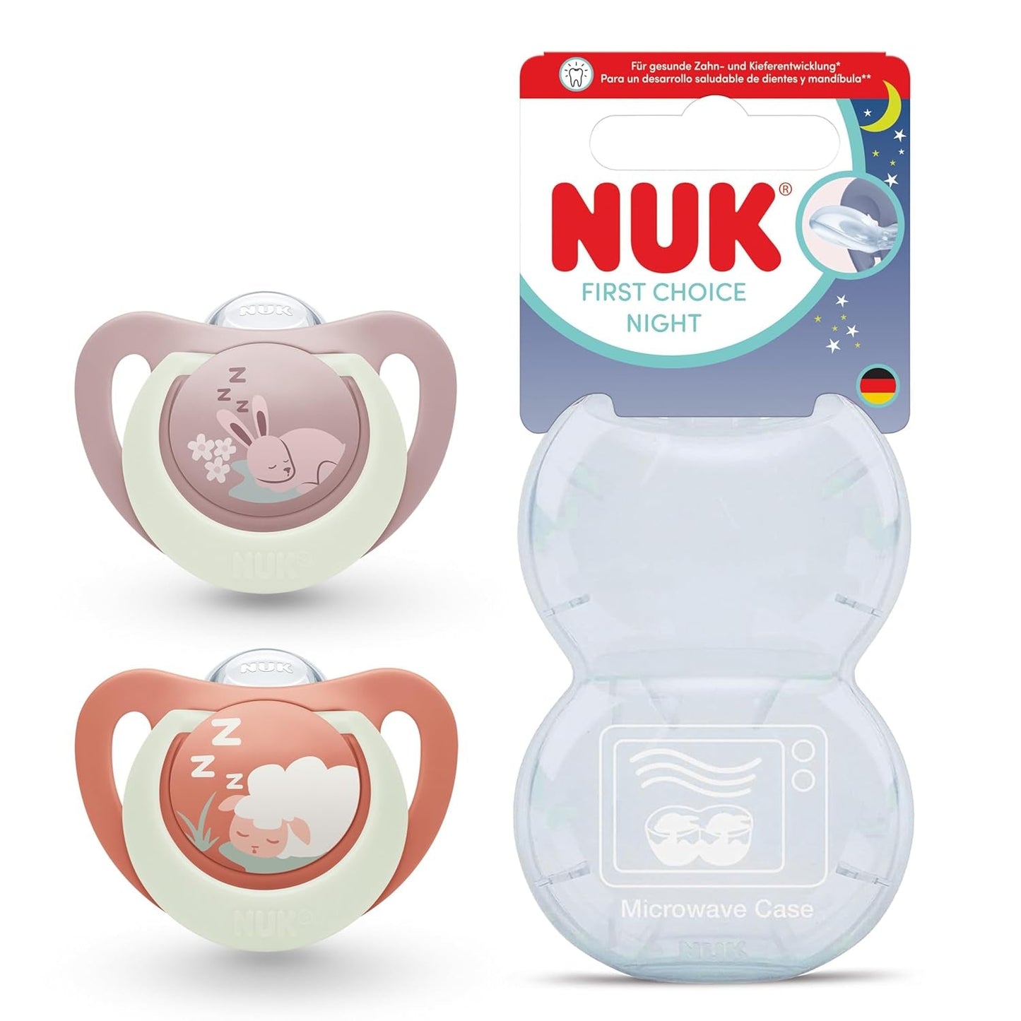 NUK First Choice Night Pacifier for Babies | 6-18 Monate | Kieferorthopädische Schnuller, die im Dunkeln leuchten | Beruhigt 99 % der Babys** | Kaninchen/Schaf | Packung 0-2