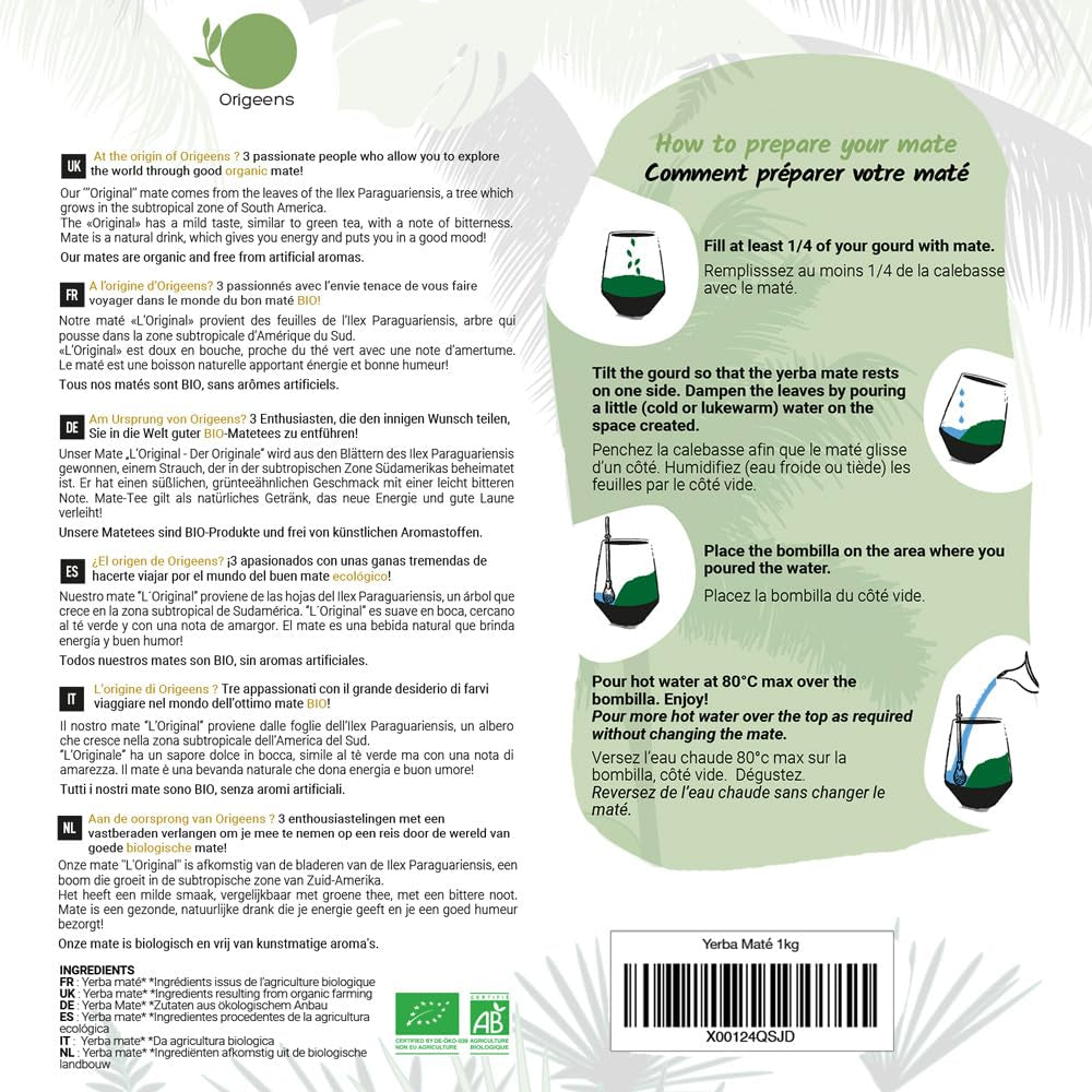 ORIGEENS BIO YERBA MATE TEE 1 KG – Das Original I Ungeröstet, Blätter, ohne Stiele, Staub und Krümel I Energetisierendes und entgiftendes Getränk