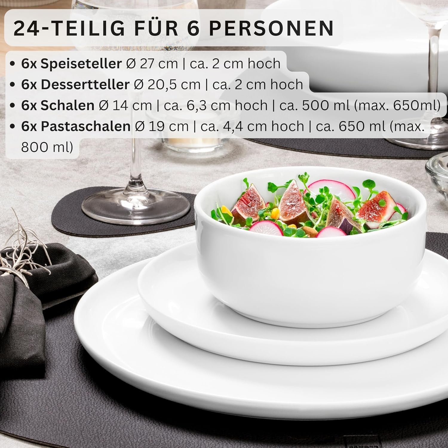 SANGER | Weißes Marlo-Geschirrset, 24-teiliges Geschirrset für 6 Personen mit Desserttellern, Speisetellern, Schüsseln und Müslischalen. Porzellan-Essteller-Set, Geschirr, modernes Design, PREMIUM-KOLLEKTION