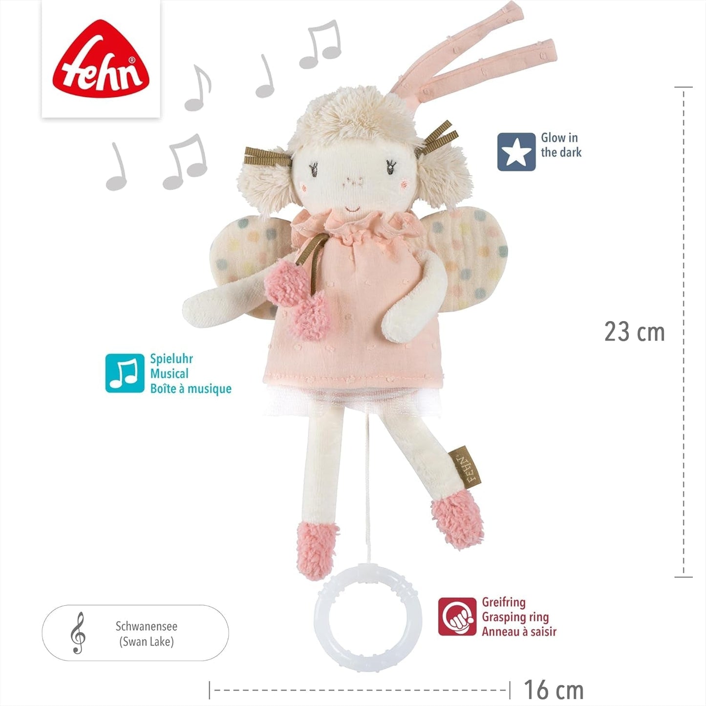 Fehn Mini-Spieluhr Fee – Plüschtier und Einschlafhilfe: Aufziehbare Spieluhr mit der sanften Melodie „Schwanensee“ beruhigt in jeder Situation – für Babys und Kleinkinder ab 0+ Monaten Toys Bebe Naty Shop