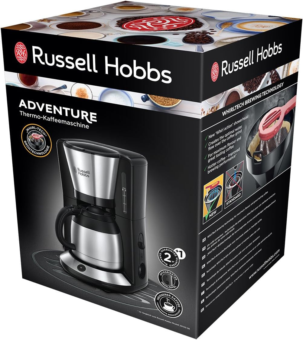 Russell Hobbs Kaffeemaschine [Duschkopf für optimale Extraktion und Aroma] Adventure (1 bis 8 Tassen, 1,0 l Thermokaraffe, automatische Abschaltung, Anti-Tropf-System, 1100 W) Filterkaffeemaschine 24020-56