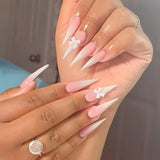 Moonglow Lange Nägel Stiletto Milchweiß Rosa Farbverlauf Glitzer Coole künstliche Nägel mit Kleber Rosa Ombre Glitzer Künstliche Nägel