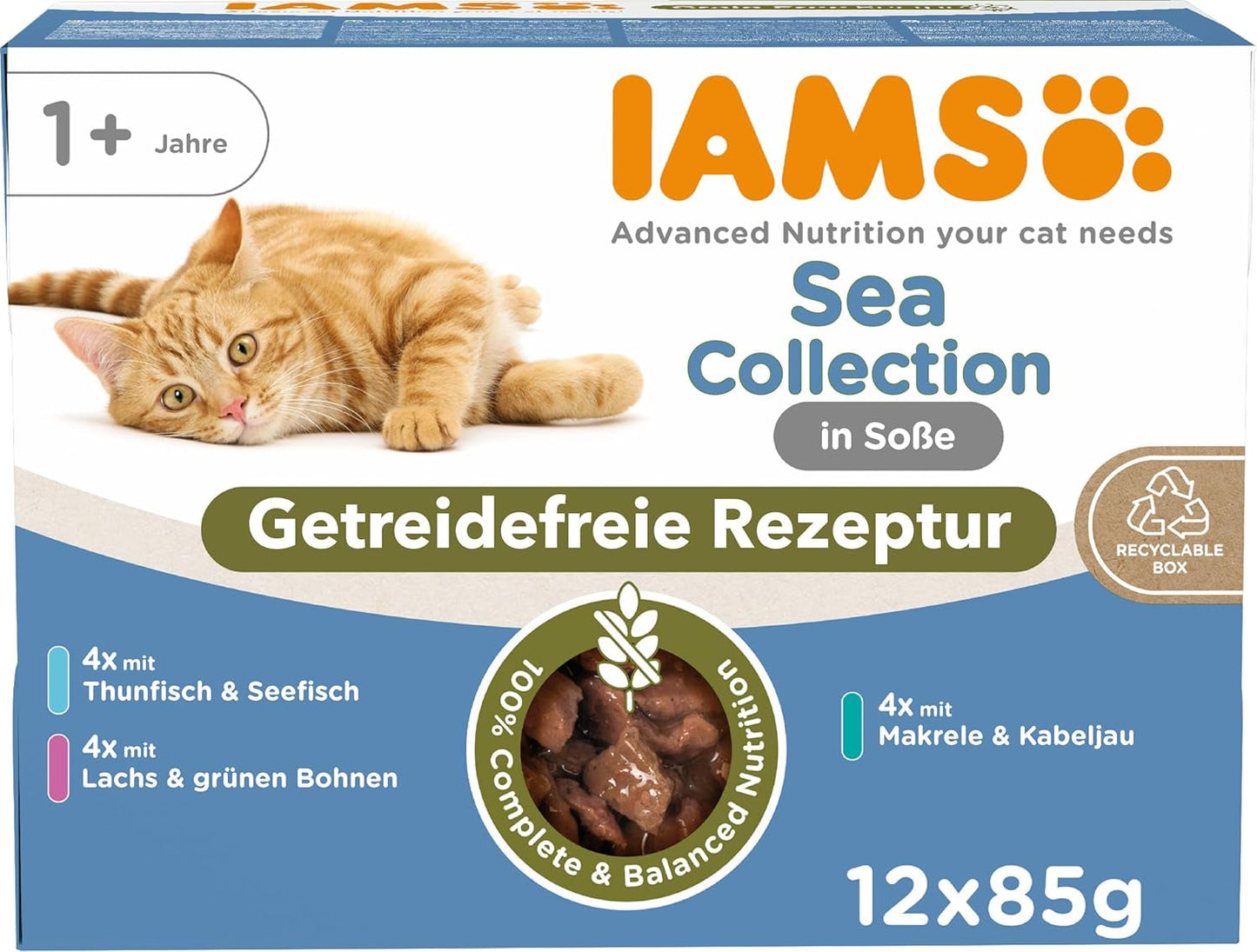 IAMS Delights Sea Collection Getreidefreies Nassfutter für Katzen – Multipack mit verschiedenen Fischsorten in Sauce, getreidefreies Nassfutter für Katzen ab 1 Jahr, 12 x 85 g