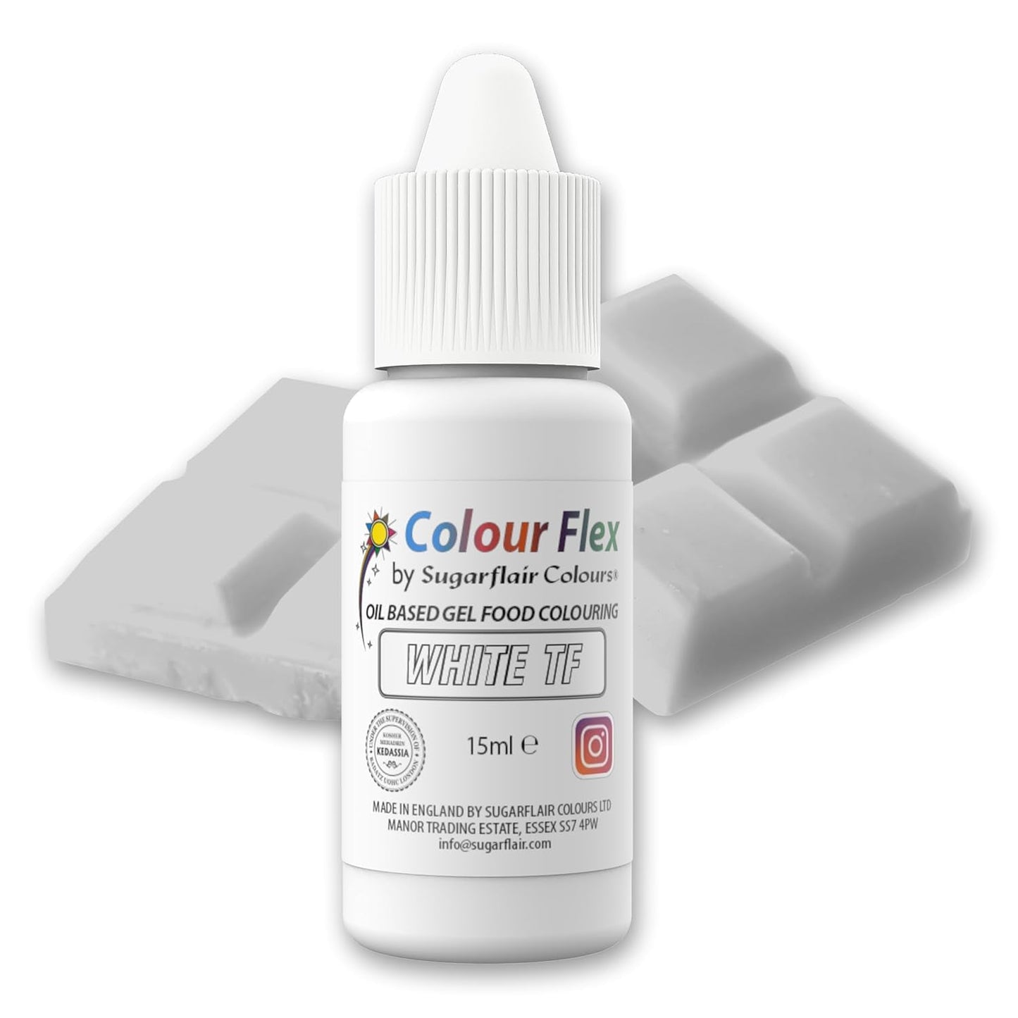 Sugarflair Colourflex Weiße Lebensmittelfarbe auf Ölbasis, hochkonzentrierte flüssige Lebensmittelfarbe, Lebensmittelfarbe für Buttercreme, Schokolade, Teig, Fondant, Zuckerguss und mehr – 15 ml