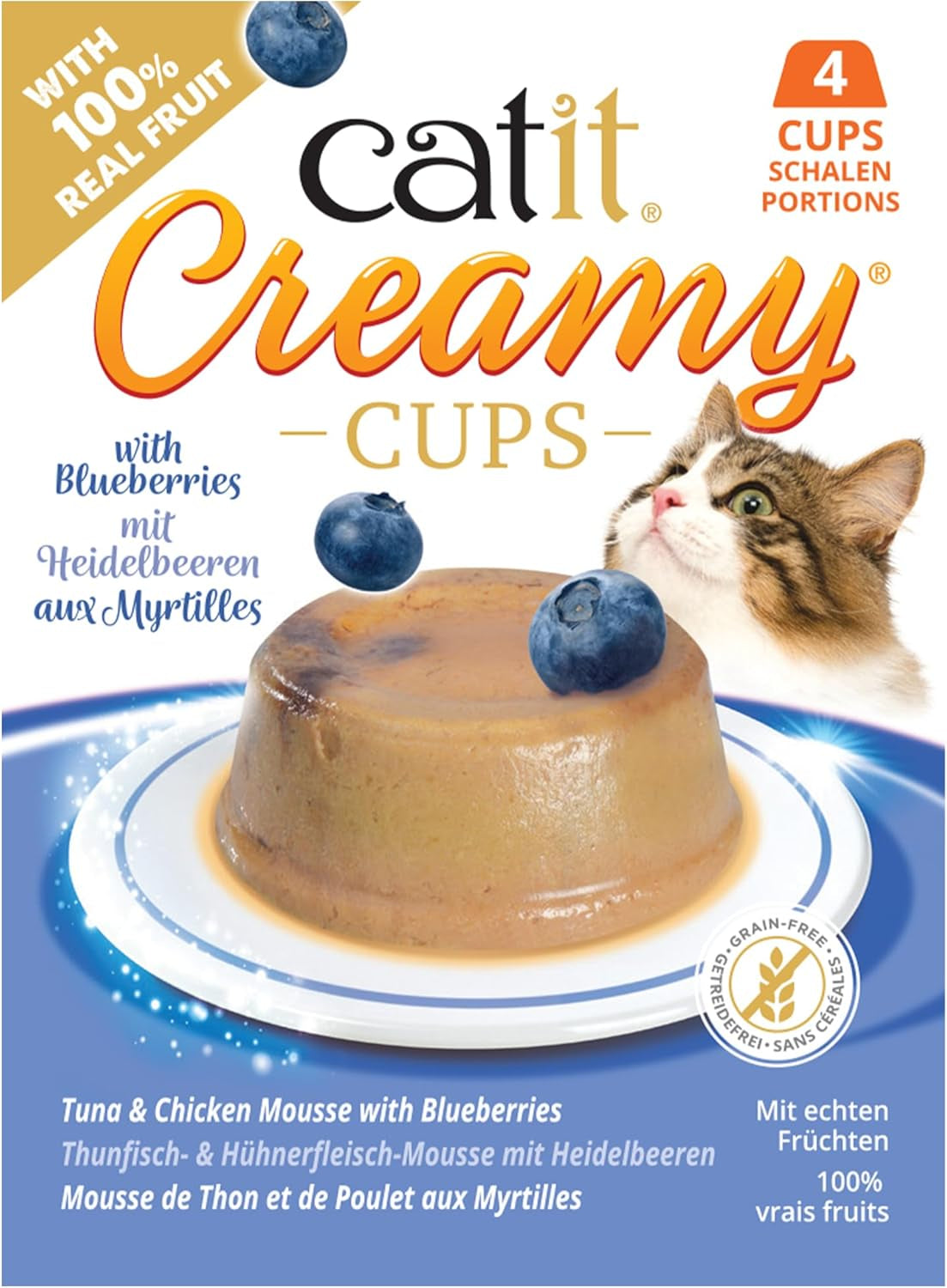 Catit Creamy Cups, Thunfisch und Huhn mit Blaubeeren, 4x25g