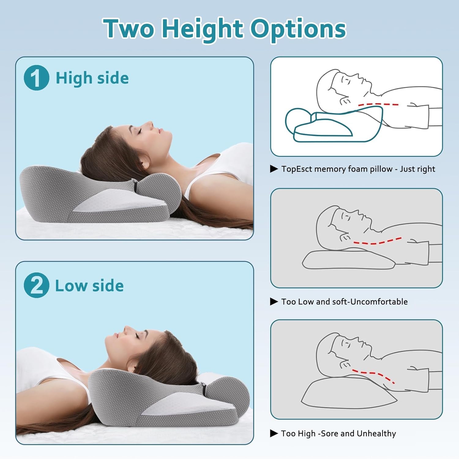 TopEsct Memory Foam Kissen, Seitenschläferkissen, Nackenkissen, Kopfkissen für Seiten- und Rückenschläfer (Grau)
