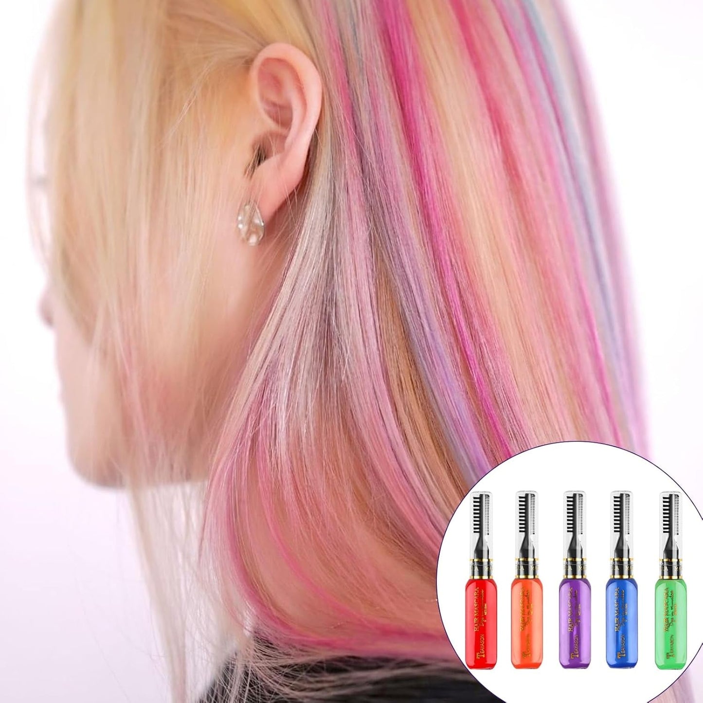 5 Farben temporäre Haarfärbemittel, farbiges Haarwachs, Haar-Wimperntusche, temporäre Haarfärbe-Wimperntusche für Mädchen und Frauen, waschbare Haarfärbekreide, geeignet für Geburtstage, Cosplay, DIY, Halloween, Haarfärbemittel, Naty Shop