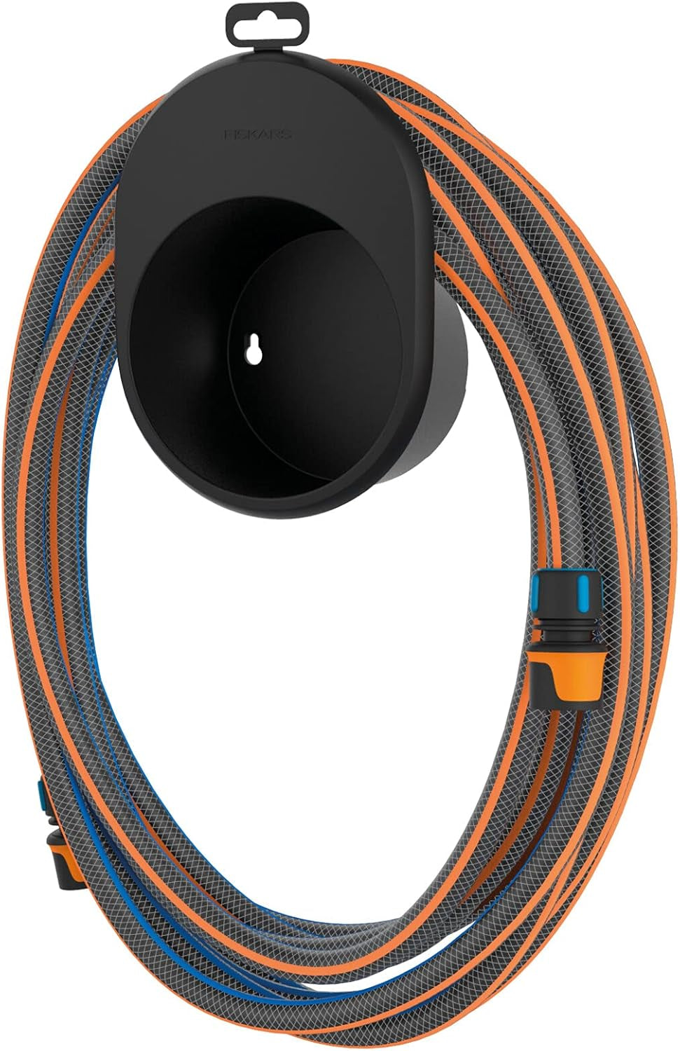 Fiskars Water Wheel Wasserschlauch-Set mit 2 Schlauchanschlüssen und Wasserhahnanschluss, Universalgröße, Torsionssteifigkeitsstufe 4 (von 5), 1,8 m, Ø 1,3–1,5 cm (1/2–5/8 Zoll), Schwarz/Orange/Blau, 1057621