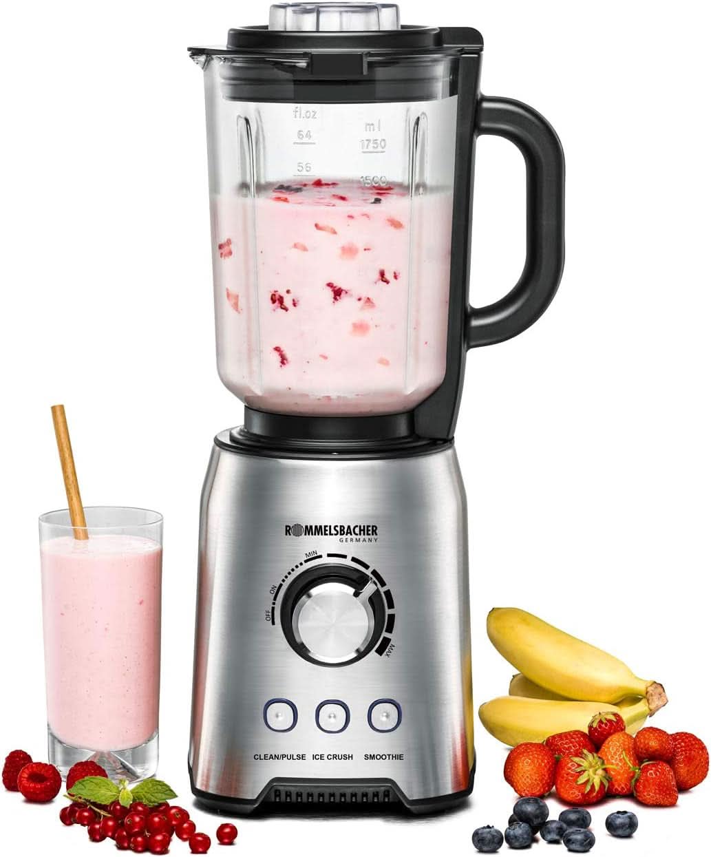 ROMMELSBACHER Standmixer MX 1250-22.000 U/Min, Stufenlose Drehzahlregulierung, Funktionstasten (Smoothie, Clean/Pulse, Ice Crush), Glaskrug, Edelstahlgehäuse, Spezialmesser, 1200 Watt Kitchen Naty Shop