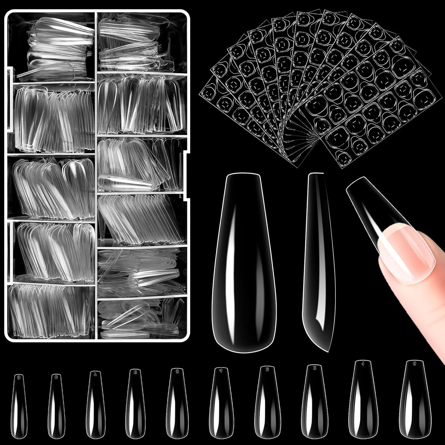Alyvisun Ballett-Nagelspitzen, 500 Stück, vollständig abdeckende Acryl-Nagelspitzen mit 240 Stück Nagelaufkleber-Set, 10 Größen, transparente Gel-Nagelspitzen, weiche Gel-Nagelspitzen, Ballerina-Nagelspitzen