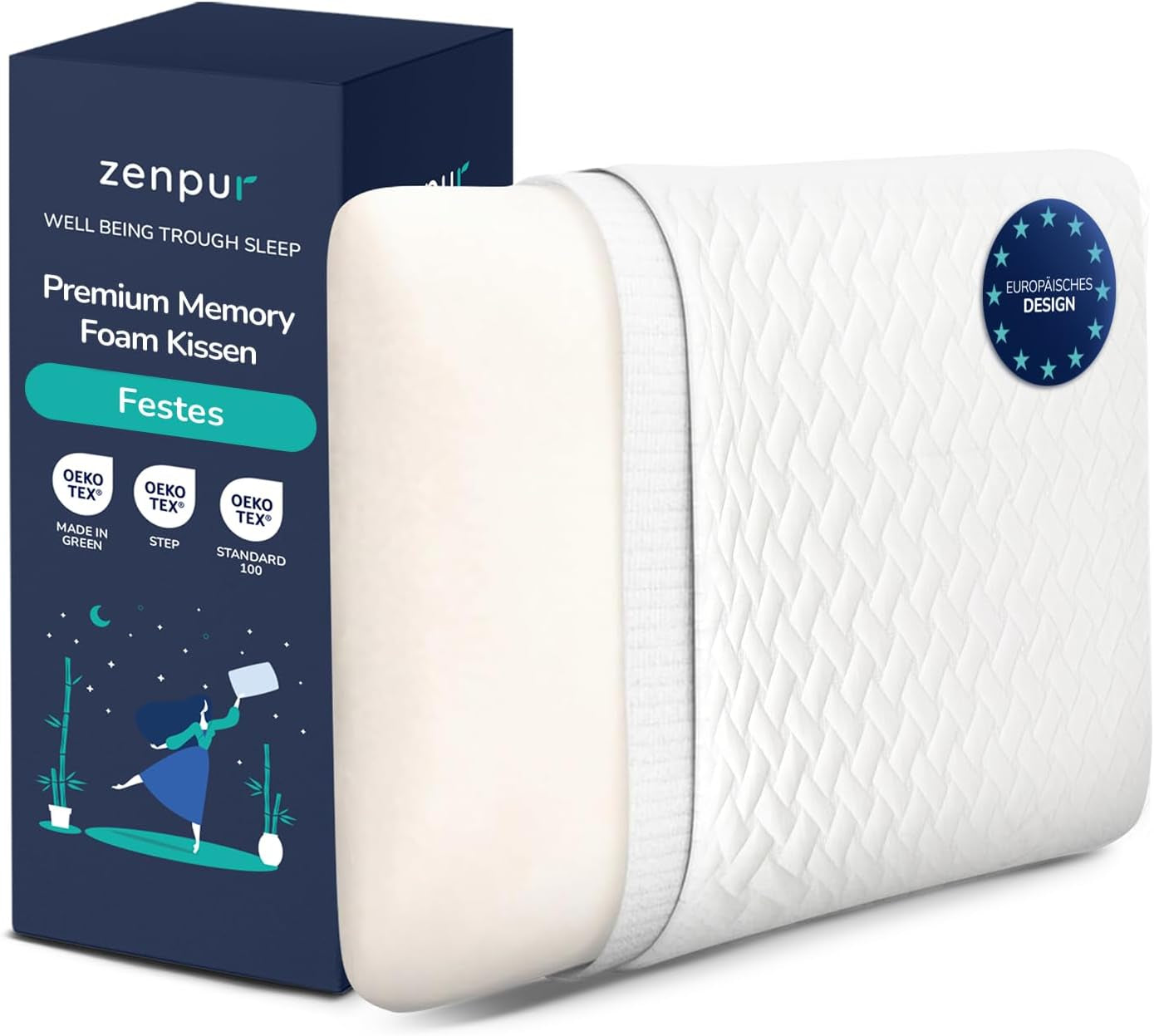 ZenPur Orthopädisches Nackenkissen 40 x 60–13 cm, Kopfkissen aus Memory-Schaum – ergonomisches Schlafkissen für Nacken und Schultern, Öko-TEX-zertifiziert