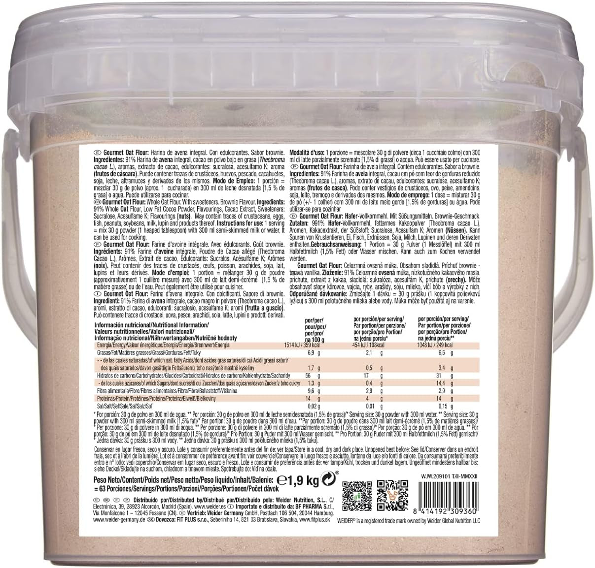 Weider Gourmet Haferflocken (1,9 kg) Brownie-Geschmack. Vollkorn-Haferflocken. Proteinquelle mit niedrigem Zuckergehalt.