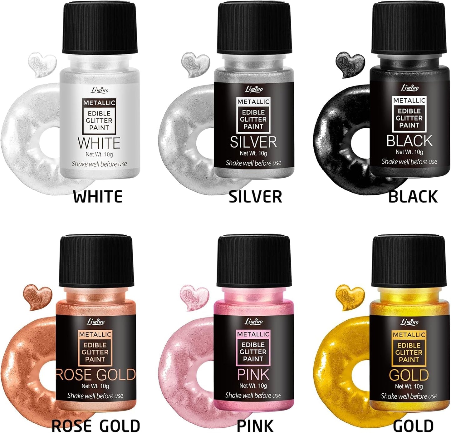 Flüssiger essbarer Glitzer – 6 Metallic-Farben, flüssiges essbares Glitzerpulver zum Dekorieren von Kuchen, Backen, Macarons – metallische Lebensmittelfarbe, Glitzerfarben für Kekse, Fondant, Kuchen, Muffins