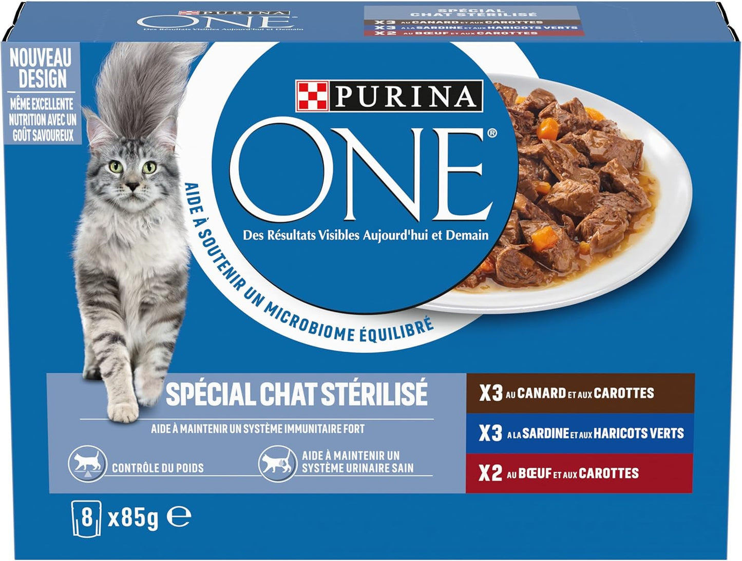 PURINA EINS | BIFENSIS | Futter für sterilisierte erwachsene Katzen | Unterstützt die Vitalität, Knochen, Muskeln und Gelenke der Katze | In Soße | Beutel mit Ente, Sardinen, Rindfleisch, Frische | 1 Stück (8 x 85g)