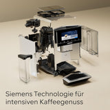 Automatische Espressomaschine Siemens EQ900, großer TFT-Farbbildschirm, 2 Bohnenbehälter, 36 Heiß- und Kaltgetränke, kalter Kaffee, superleise, Zwei-Tassen-Funktion, App-Steuerung, Edelstahl, TQ907D03