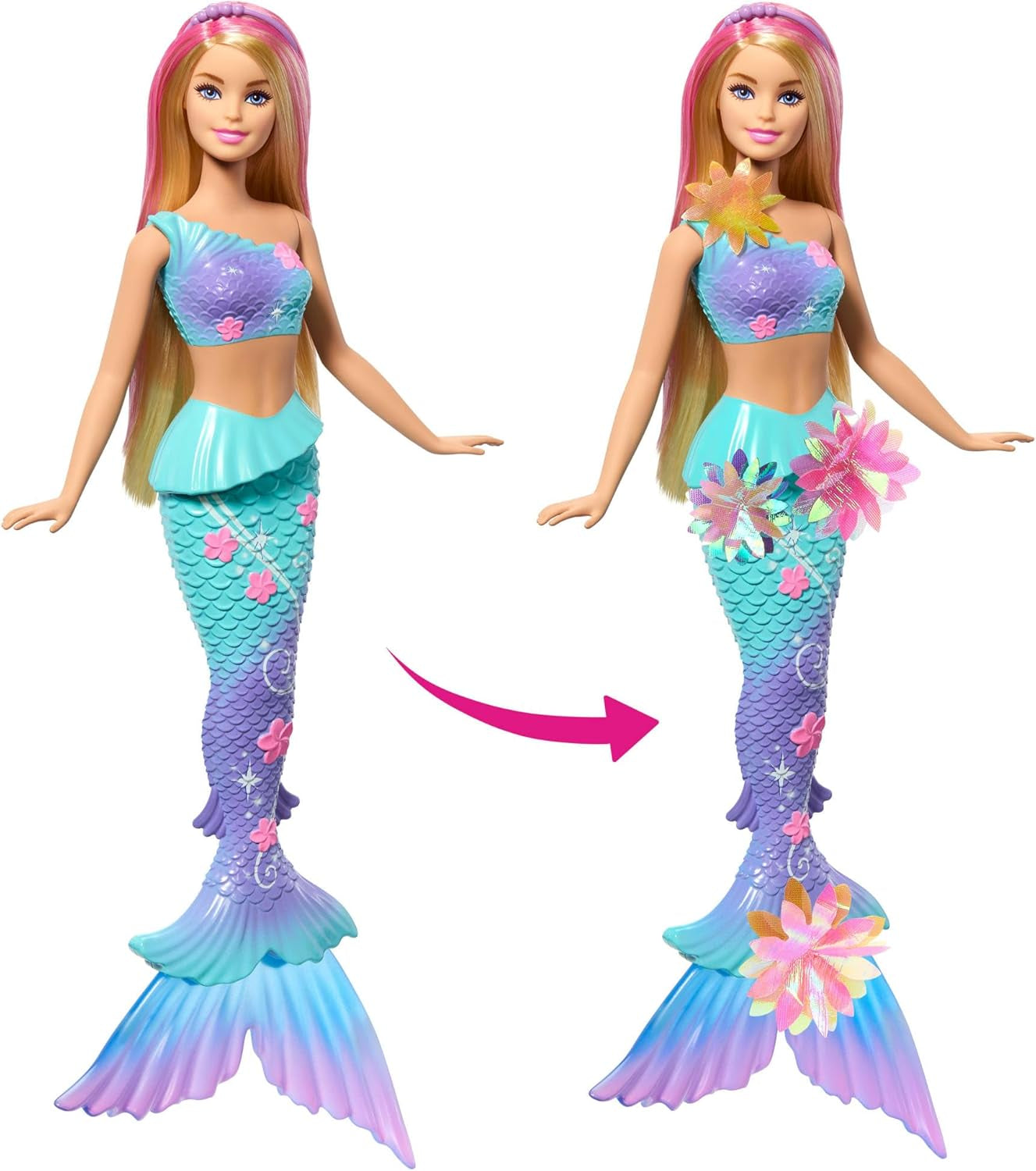 Barbie Meerjungfrauen-Spielzeug Puppe mit magischer Überraschungs Blüte, Schwanzflosse mit Farbverlauf, perlenbesetzten Haarreif und langem blonden Haar mit rosa Strehchen, JDM72