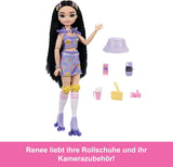 Dream Besties Barbie-Puppe und Zubehör, modische Barbie-Renee-Puppe mit Rollschuhlaufen und schwarzem Haar, 12 thematische Accessoires mit Videos und Essen, JFX99