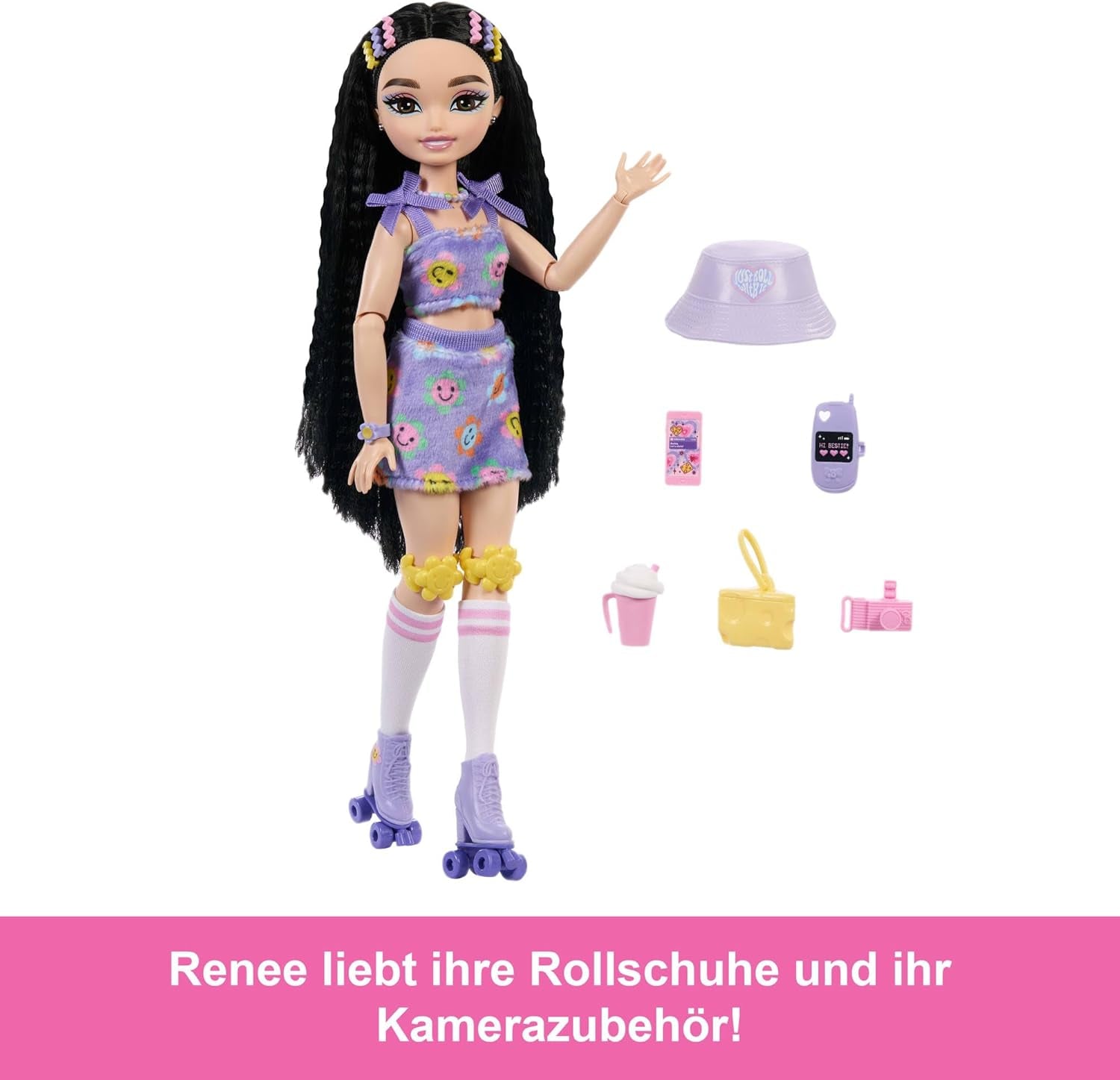 Dream Besties Barbie-Puppe und Zubehör, modische Barbie-Renee-Puppe mit Rollschuhlaufen und schwarzem Haar, 12 thematische Accessoires mit Videos und Essen, JFX99