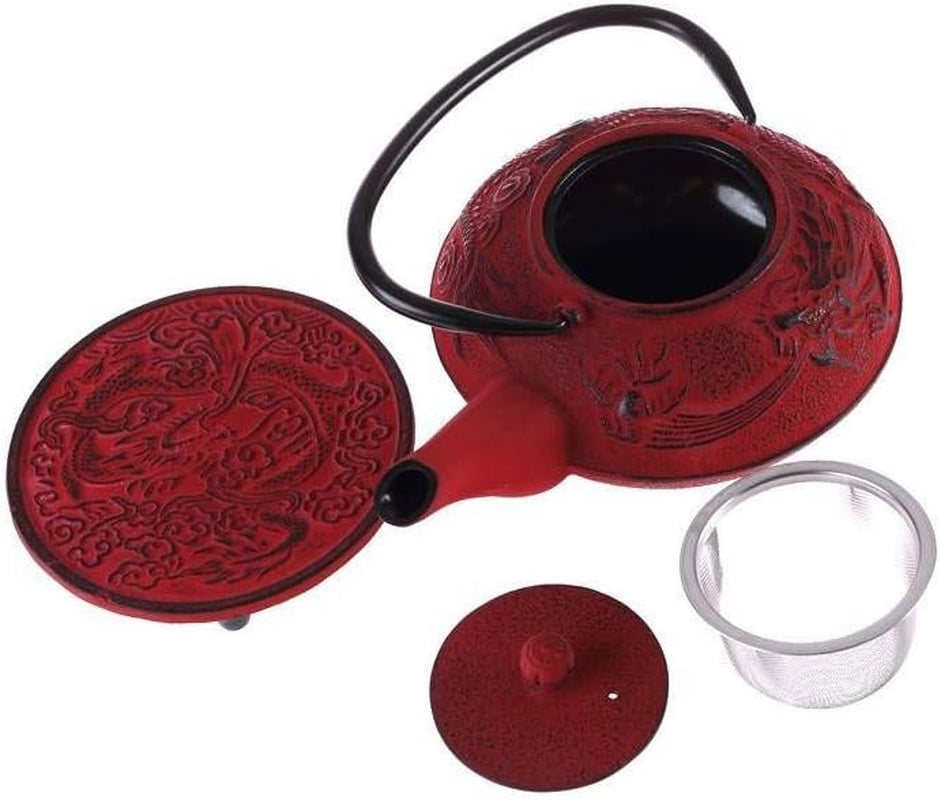 – Chinesisches Drachen-Teeservice – 1 Teekanne, 4 Tassen aus Gusseisen und Teesieb – Fassungsvermögen 0,8 l – japanisches asiatisches Dekor – Geschenkidee für japanisches Geschirr – Farbe Rot