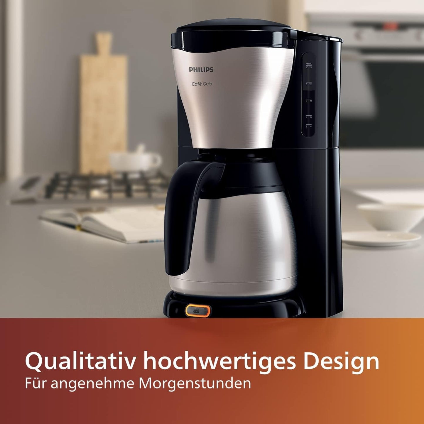 PHILIPS Café Gaia Filter-Espressomaschine – Edelstahl-Thermoskaraffe, Anti-Tropf-System, intensives Aroma, automatische Abschaltung, 1300 ml, Schwarz (HD7546/20)
