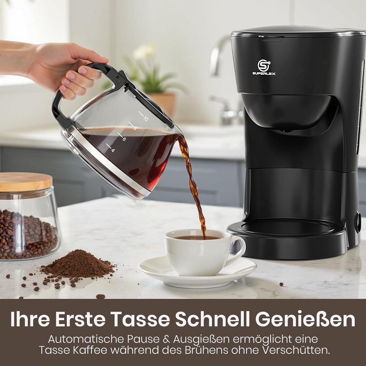 1,25 l Filterkaffeemaschine für 10 Tassen Filterkaffee, spülmaschinenfeste Glaskaraffe, Thermoskanne, Anti-Tropf-System, automatische Abschaltung, 600 W, wasserloser Kochschutz für Zuhause und Büro